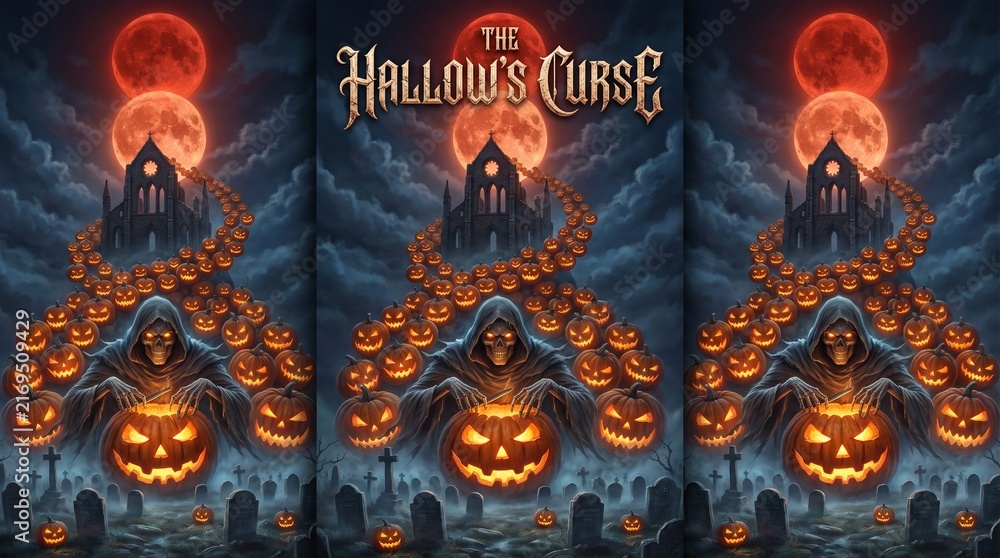 Fototapeta premium Gothic Halloween book cover art with grim reaper and glowing jack-o-lanterns leading to cathedral under blood moon