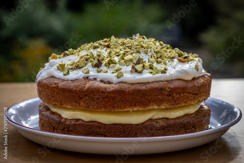A delicious cake on a plate, ready to be eaten