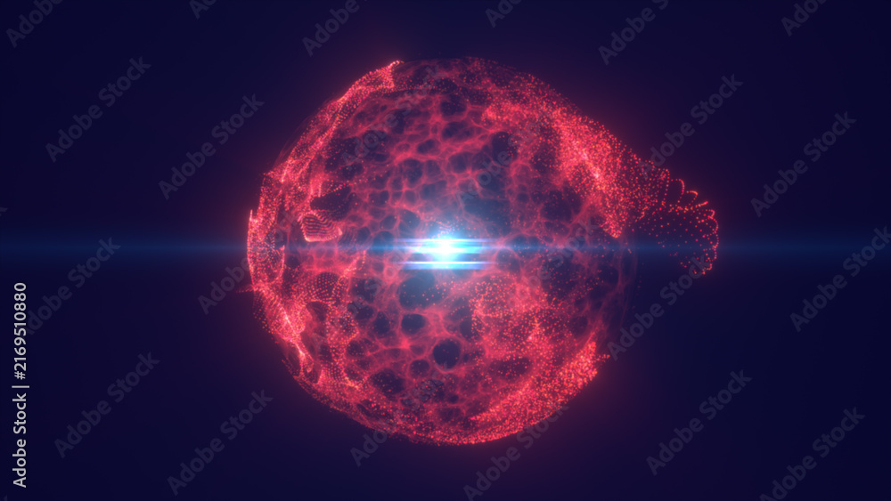 Fototapeta premium Red glowing digital particle sphere with cellular plasma patterns, central lens flare, and dark futuristic sci-fi background.