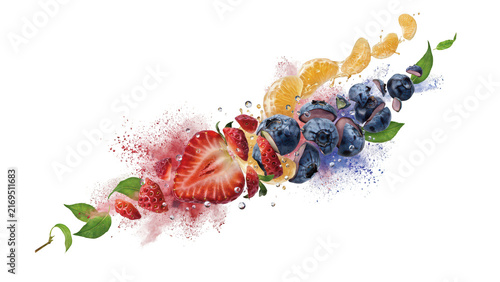 Fresh strawberry slice, orange segments, and blueberries with colorful fruit powder splashes on a black background, vibrant food