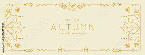 Seasonal autumn modern frame or holiday greeting card on white background with pumpkins, maple leaves and acorns. Line art vector illustration