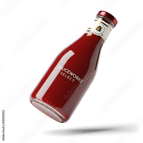 A Bottle of Red Sauce: A clear glass bottle of rich, red sauce, labeled Sauceworks Select, is presented against a clean, bright background, showcasing its vibrant color and enticing texture.