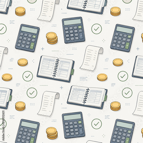 Seamless accounting finance pattern with calculators coins receipts open ledgers check marks and paperwork on a pale background for bookkeeping budgeting audit tax and financial planning themes
