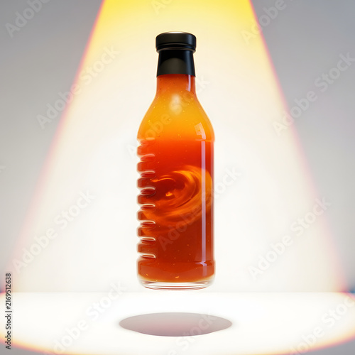 Spicy Elixir: A vibrant bottle of hot sauce, its fiery red contents swirling with intense heat, is dramatically illuminated by a spotlight.