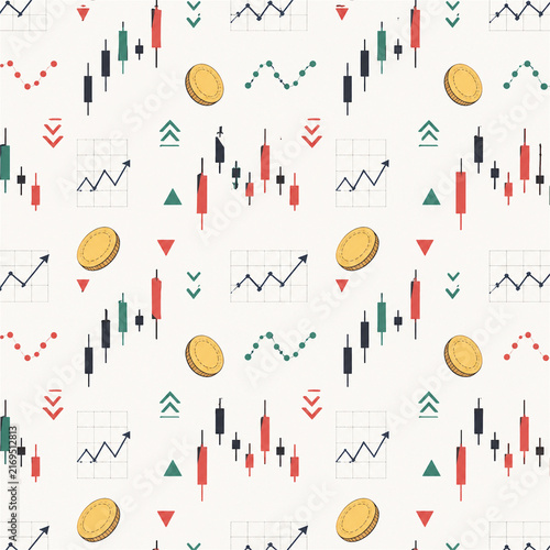 Seamless financial trading pattern with candlestick charts coins line graphs arrows and market symbols on a bright background for investing stock exchange analysis and economic growth themes