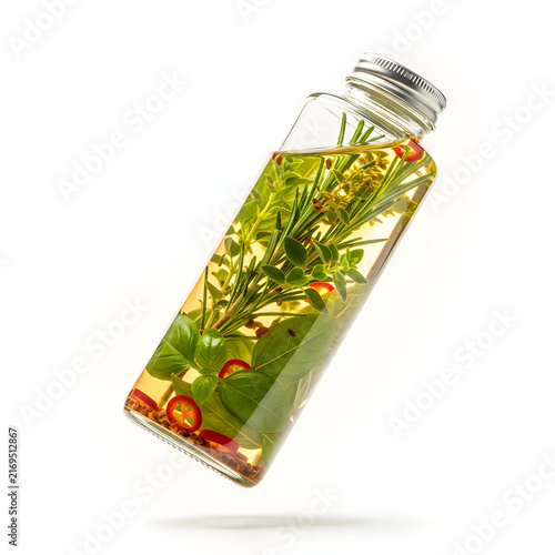 Herbal Infusion in a Bottle: A clear glass bottle, tilted at an angle, contains a vibrant infusion of fresh herbs, spices, and oil, hinting at culinary delights.