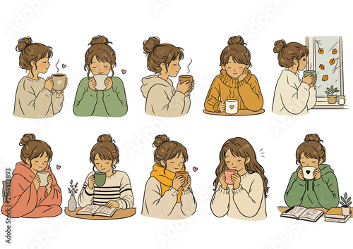 Cozy Women Enjoying Warm Drinks in
Autumn Sweaters and Scarves