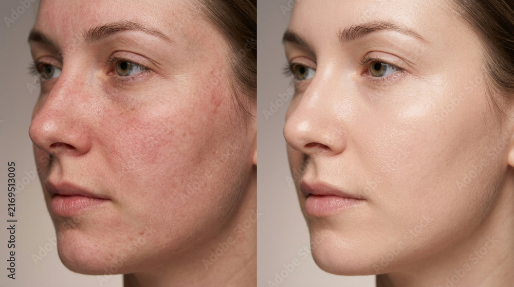 Obraz premium Before and After Skincare: Woman's Face Comparison with Redness Improvement