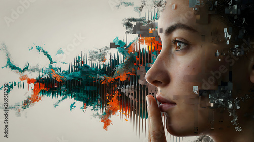 Conceptual portrait of a woman visualizing sound waves and digital data streams, symbolizing creativity and modern thought