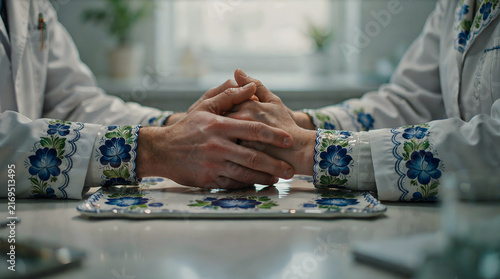 Collaboration between medical professionals or scientists signing an agreement in a clinical setting