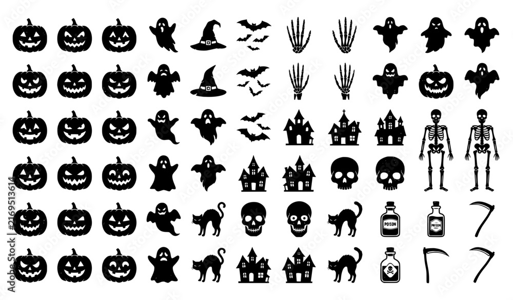 Obraz premium Collection of various black halloween silhouettes isolated on transparent background