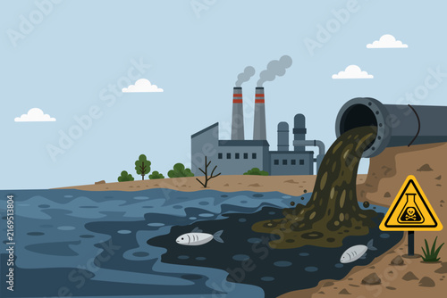 Industrial pipe discharging poisonous chemical waste and flowing toxic wastewater directly from factory into ocean, causing severe water pollution environmental disaster and killing fish, vector