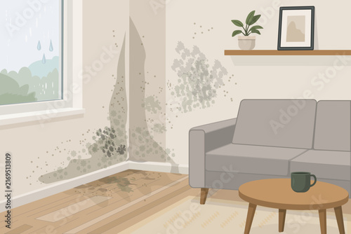 Mold damage in living room interior with walls, floor, sofa, coffee table, window,and large water damage where dark mold spots spread on walls and wooden floor next to rainy window,vector illustration