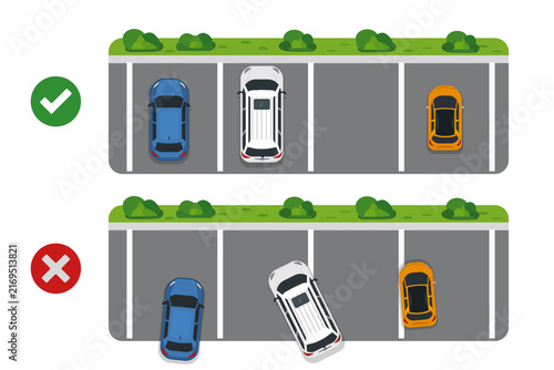 Correct and incorrect car parking, concept with vehicles good and bad parked, top down overhead view, with green checkmark and red cross symbols, flat design stock vector illustration