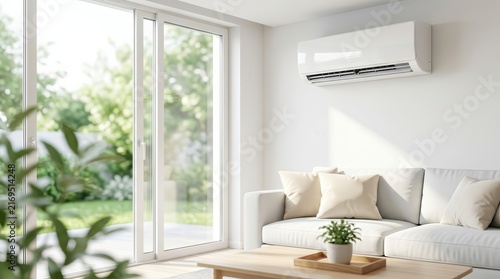 A bright and contemporary living room with an air conditioner mounted on a white wall.