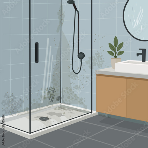 Black mold in bathroom interior with glass shower cabin ceramic sink and wooden cabinet from high humidity poor ventilation problem for professional deep cleaning services concept vector illustration