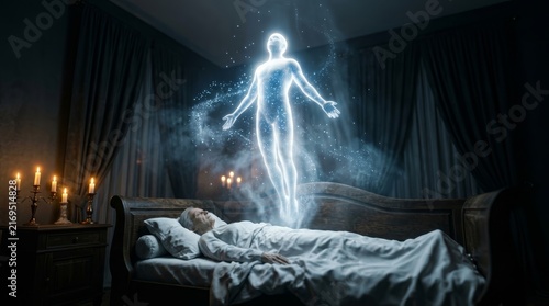Ascension of a glowing human soul departing from a deceased person lying on a couch.