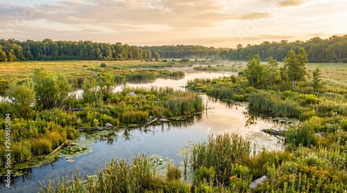 Serene Wetland Landscape at Golden Hour with Lush Vegetation.