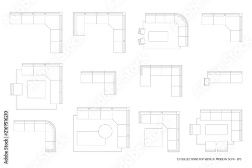 12 Collections of Modern Sofa Top View Vector Set Architectural Furniture Plan Blueprint. 13