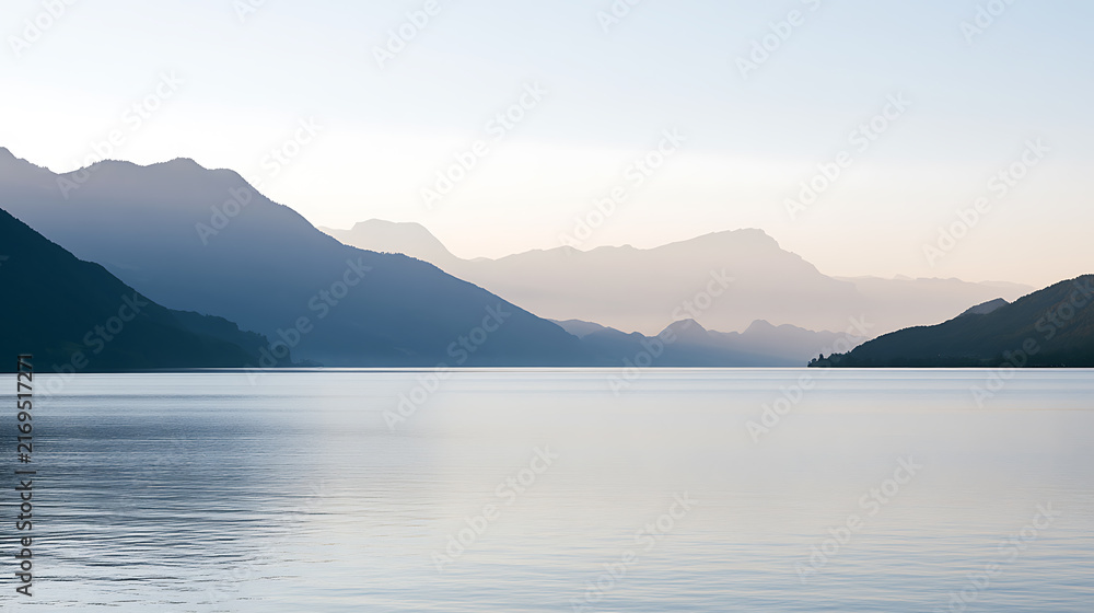 Obraz premium Serene landscape featuring calm water reflecting majestic mountain ranges under a peaceful morning sky with soft pastel color tones and mist