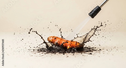 Turmeric Rhizome Being Pressure Cleaned, Splashing Dirt and Water in Dynamic Motion