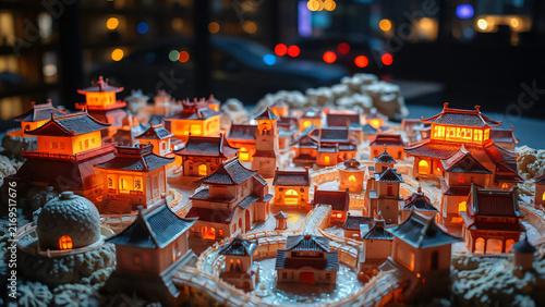Christmas Lanterns and Festive Christmas Trees Illuminating a City Street at Night for Holiday Celebration and Winter Urban Decoration