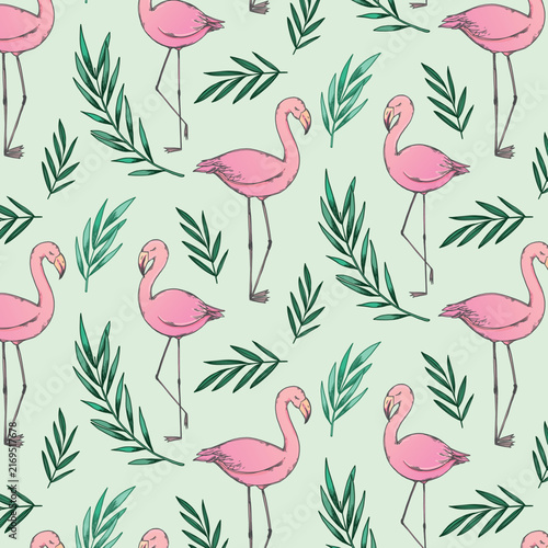 Tropical summer vector seamless pattern illustration. Exotic jungle vacation repeat tile with flamingos, symmetrical palm trees on light background. Stylized modern bright playful Art deco design