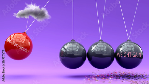 Estrogen Dominance leads to weight gain. A Newton cradle metaphor showing how estrogen dominance triggers weight gain. Cause and effect relation between them. Vicious cycle ,3d illustration