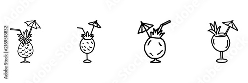 Pineapple Cocktail Drink Hand Drawn Doodle Icon Set. Tropical Beverage, Umbrella Garnish And Summer Refreshment Sketch Symbol Collection. Drinks And Bar Menu. Isolated Vector Illustration