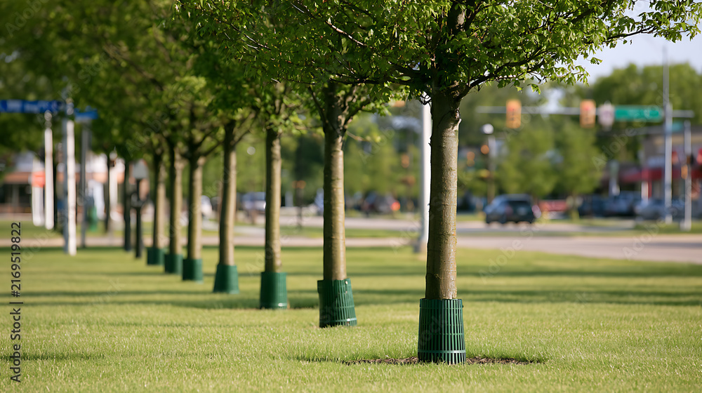 Naklejka premium A row of young deciduous trees line a vibrant urban parkway in early summer, featuring green tree guards around the trunks for protection