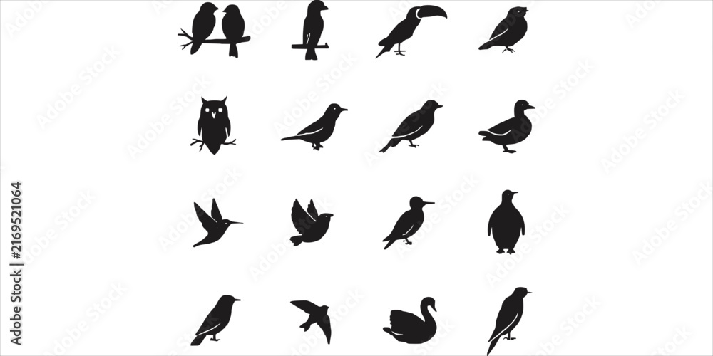 Naklejka premium Collection of sixteen different bird silhouettes in black isolated on a white background, file birds