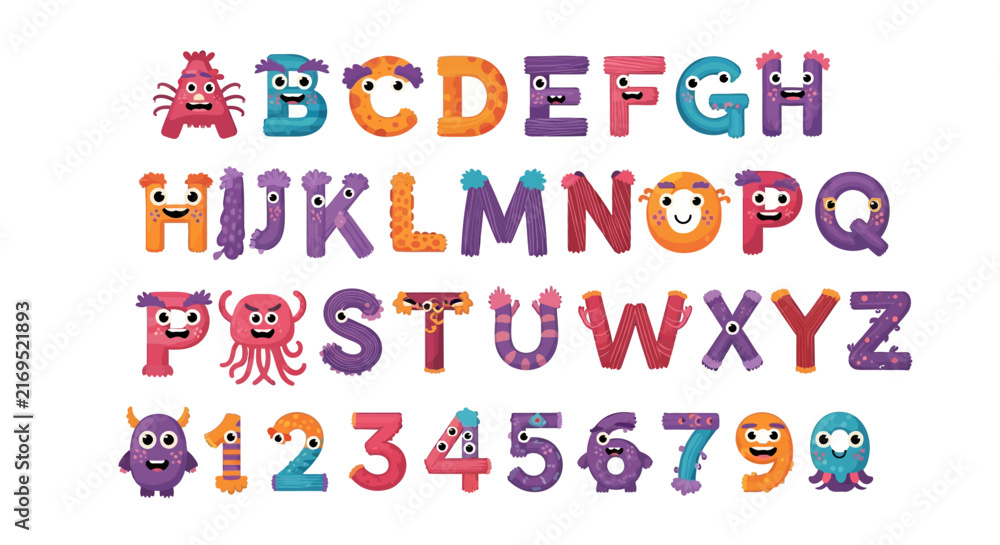 Fototapeta premium Cute Monster Alphabet and Numbers ABC 123 for Kids Education