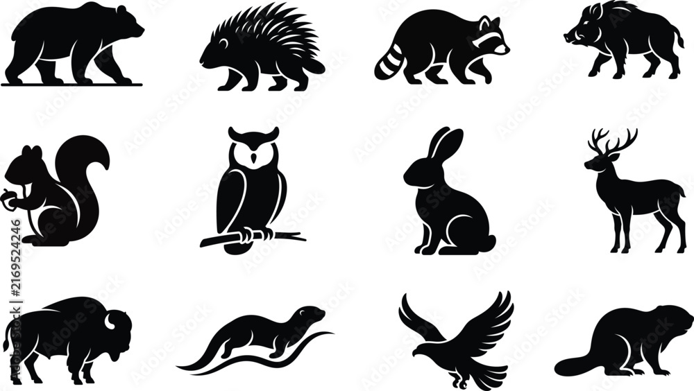 Obraz premium Forest animal silhouettes, 12 black wildlife icons, minimalist woodland creature vector set, nature park branding elements