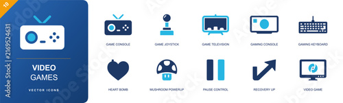 Video games icon set. Containing console, joystick, game TV, gaming keyboard, heart bomb, mushroom powerup, pause control, recovery arrow, game screen and more. Solid fill vector icons.