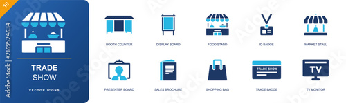 Trade show icon set. Containing booth counter, display board, food stand, ID badge, market stall, presenter board, sales brochure, shopping bag, badge and more. Solid fill vector icons.