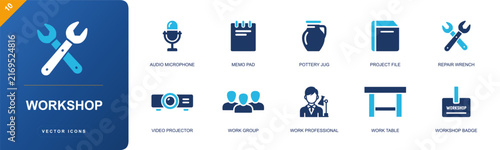 Workshop icon set. Containing audio microphone, memo pad, pottery jug, project file, repair wrench, video projector, work group, professional, work table and more. Solid fill vector icons.