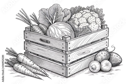 Wooden crate filled with fresh vegetables and root crops