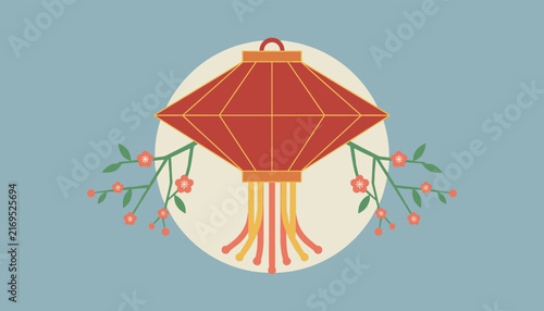 Festive red Chinese lantern is surrounded by blooming cherry blossom branches against a circular moon background for holidays.
