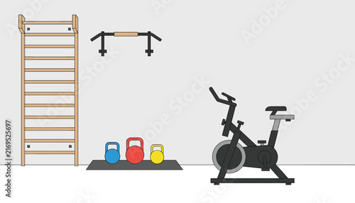 Home fitness gym setup includes wall bars, a pull-up bar, various kettlebells, and a stationary exercise bike for workouts.
