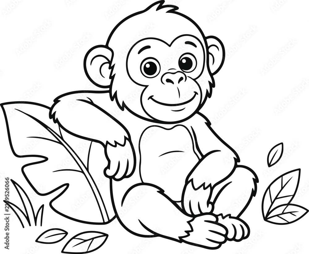 Obraz premium Cute cartoon monkey sitting in the jungle, black and white line art illustration