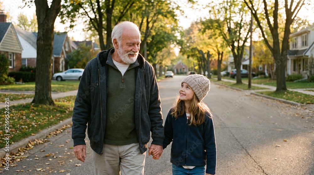 Obraz premium Grandparent and grandchild walk through neighborhood