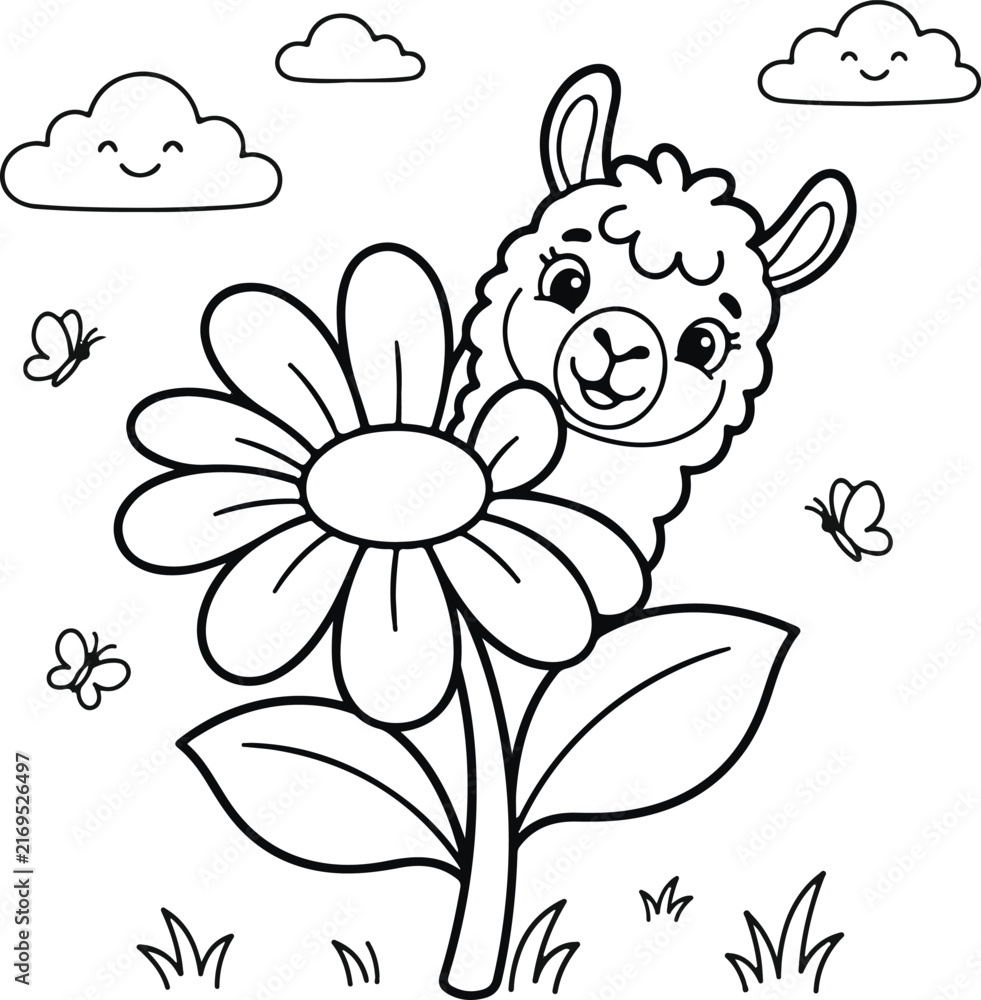 Naklejka premium Cute cartoon llama peeking behind a large flower with butterflies and smiling clouds