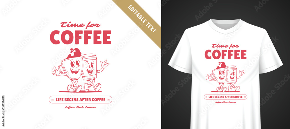 Fototapeta premium Vintage soft pink walking coffee pair cartoon template for t-shirt, cheerful winking duo mascot playful stacked typography, fully editable text for fun everyday coffee lover group casual apparel