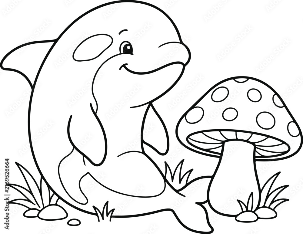 Fototapeta premium Cute cartoon orca whale sitting next to a spotted mushroom in a grassy field