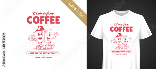 Vintage soft pink walking coffee pair cartoon template for t-shirt, cheerful winking duo mascot playful stacked typography, fully editable text for fun everyday coffee lover group casual apparel