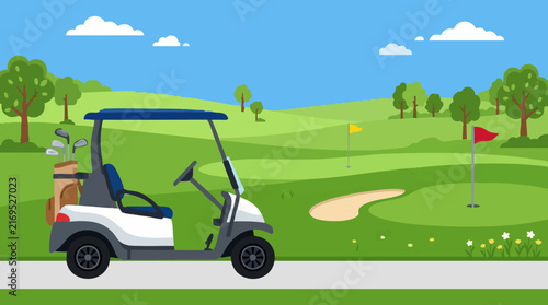 Illustration of a golf course with a golf cart, flags, sand trap, and trees