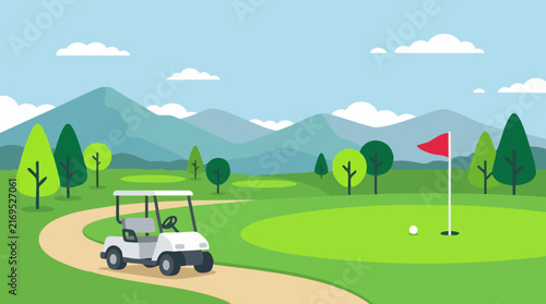 Illustrated Golf Course with Cart, Green, Flag, and Mountains