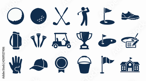 Golf equipment and accessories icon set on a clean white background