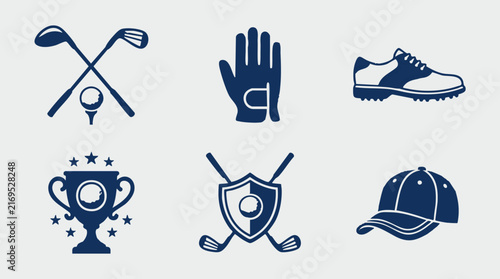 Golf icons set with clubs, ball, glove, shoe, trophy, shield, and cap
