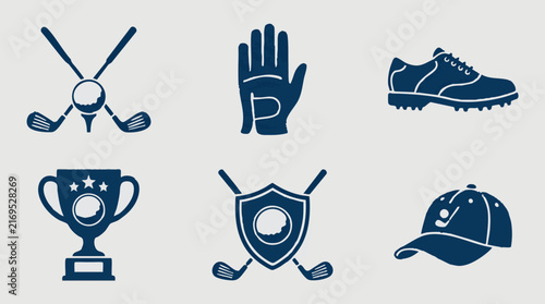 Golf icons set with clubs, ball, glove, shoes, trophy, shield, and cap